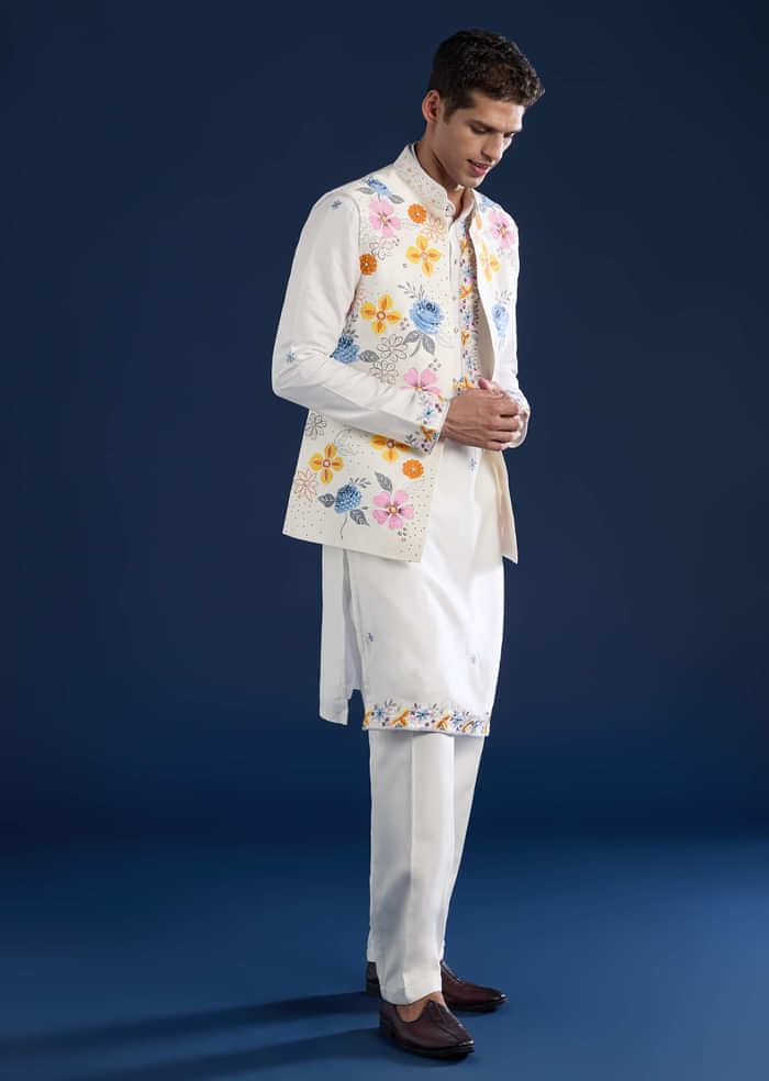 White Hand Painted Silk Jacket Kurta Set with Cutdana Work