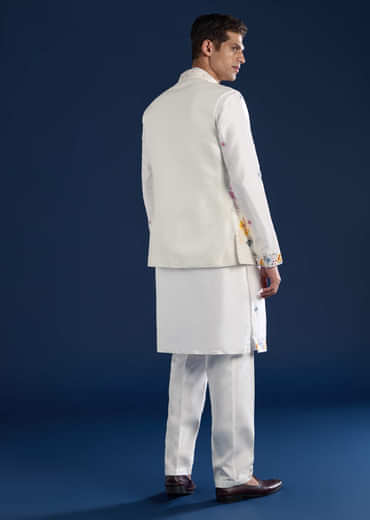 White Hand Painted Silk Jacket Kurta Set with Cutdana Work