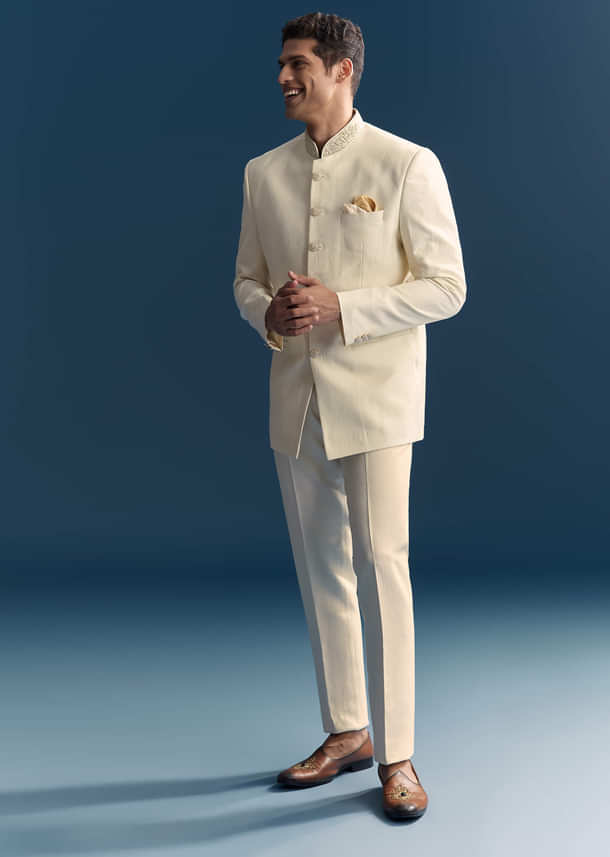 White Jacquard Jodhpuri Suit For Men With Hand Embroidery White Jacquard Jodhpuri Suit For Men With Hand Embroidery