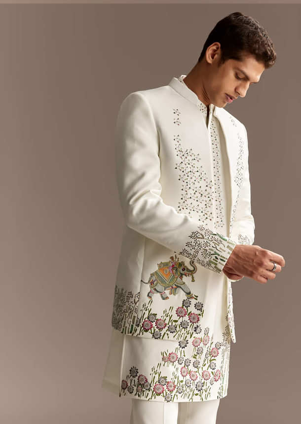White Jodhpuri Kurta Set With Jacket White Jodhpuri Kurta Set With Jacket