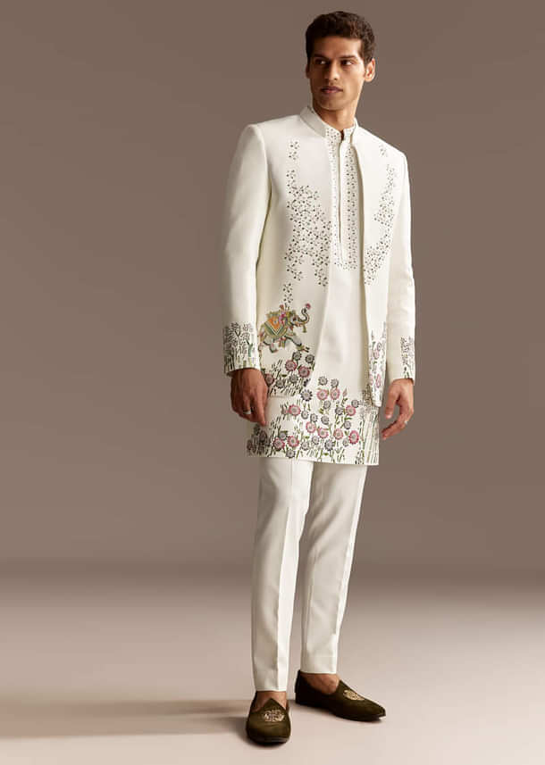White Jodhpuri Kurta Set With Jacket White Jodhpuri Kurta Set With Jacket