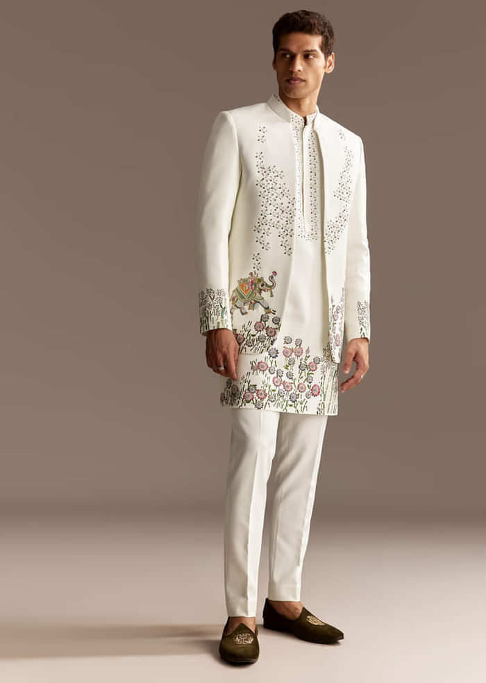 White Jodhpuri Kurta Set With Jacket