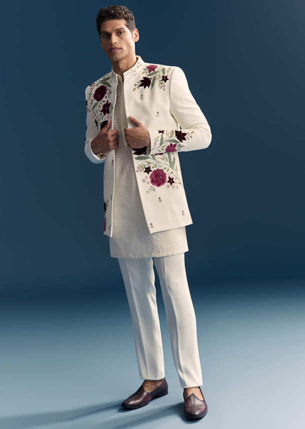 White Jodhpuri Suit For Men With Floral Hand Embroidery White Jodhpuri Suit For Men With Floral Hand Embroidery