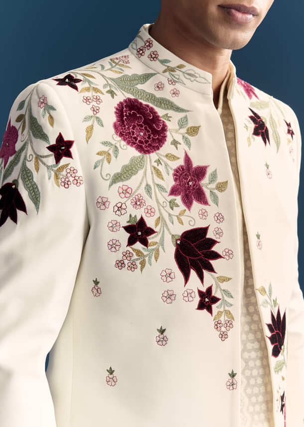 White Jodhpuri Suit For Men With Floral Hand Embroidery White Jodhpuri Suit For Men With Floral Hand Embroidery