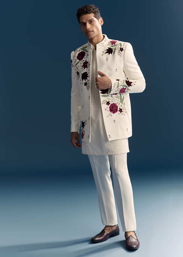 White Jodhpuri Suit For Men With Floral Hand Embroidery White Jodhpuri Suit For Men With Floral Hand Embroidery