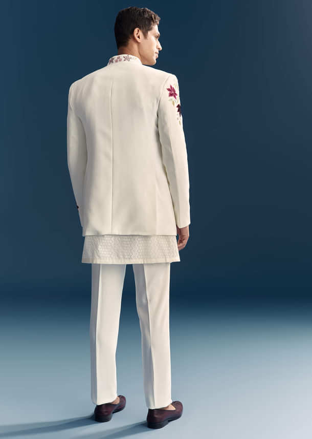 White Jodhpuri Suit For Men With Floral Hand Embroidery White Jodhpuri Suit For Men With Floral Hand Embroidery