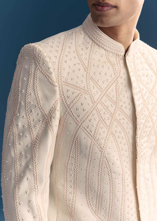 White Jodhpuri Suit For Men With Moti Work White Jodhpuri Suit For Men With Moti Work