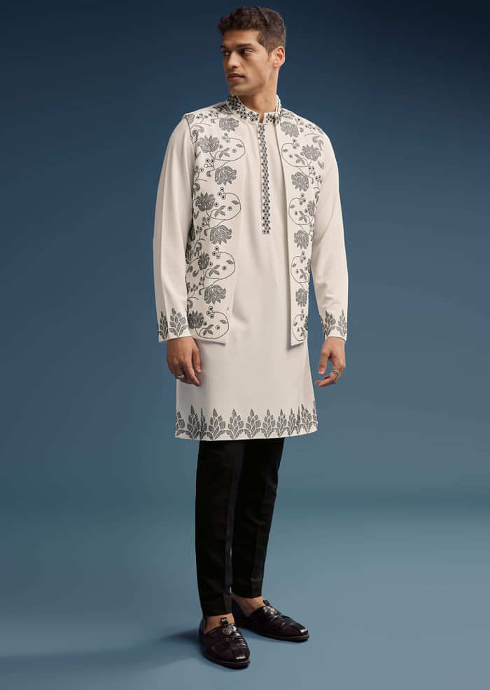 White Kurta Jacket Set For Men With Embellished Work