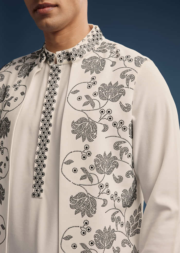 White Kurta Jacket Set For Men With Embellished Work