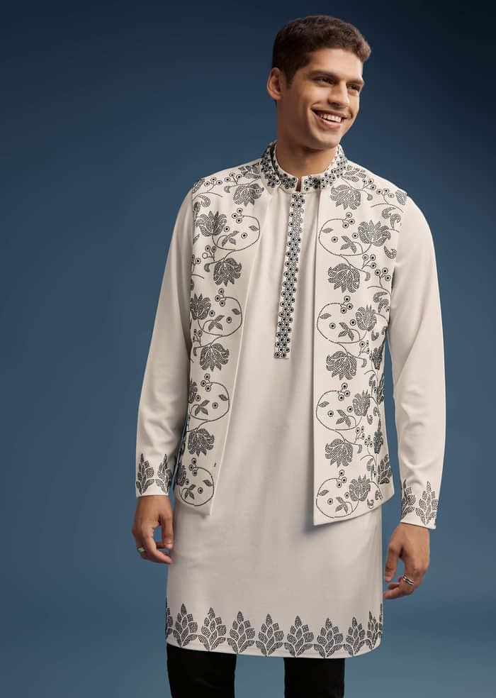 White Kurta Jacket Set For Men With Embellished Work