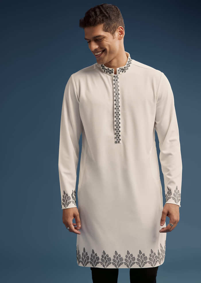 White Kurta Jacket Set For Men With Embellished Work
