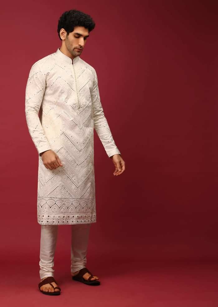 White Kurta Set In Raw Silk Heavily Embroidered With Resham And Mirror Embroidery In Floral And Chevron Design