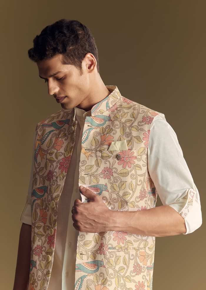 White Linen Jacket And Shirt Accentuated With Kantha Embroidery