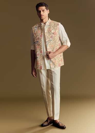 White Linen Jacket Kurta Set Accentuated With Kantha Embroidery