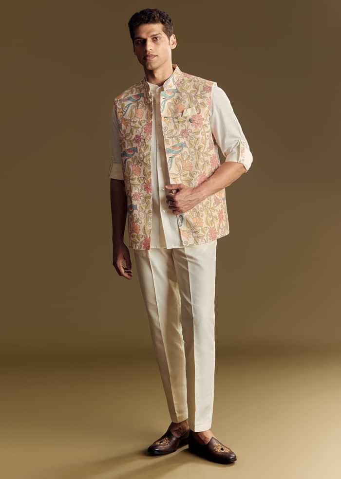 White Linen Jacket And Shirt Accentuated With Kantha Embroidery