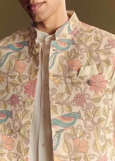 White Linen Jacket Kurta Set Accentuated With Kantha Embroidery