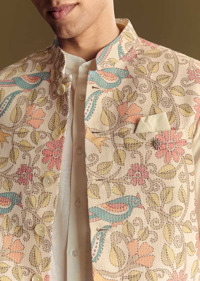 White Linen Jacket And Shirt Accentuated With Kantha Embroidery