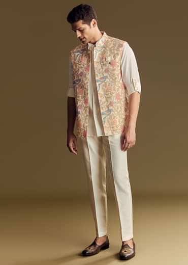 White Linen Jacket Kurta Set Accentuated With Kantha Embroidery