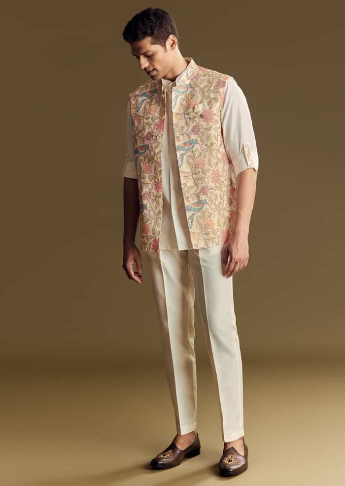 White Linen Jacket And Shirt Accentuated With Kantha Embroidery