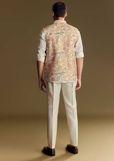 White Linen Jacket Kurta Set Accentuated With Kantha Embroidery