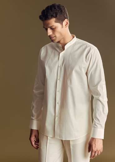 White Linen Jacket Kurta Set Accentuated With Kantha Embroidery