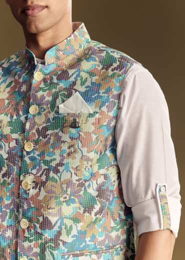 White Linen Jacket Kurta Set With Multicolor Kantha Detailing.