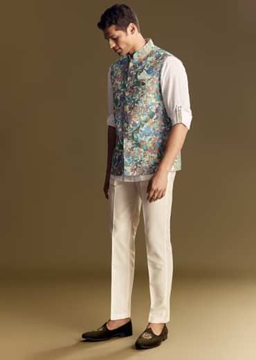 White Linen Jacket Kurta Set With Multicolor Kantha Detailing.
