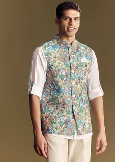 White Linen Jacket Kurta Set With Multicolor Kantha Detailing.