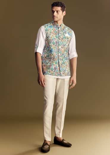White Linen Jacket Kurta Set With Multicolor Kantha Detailing.