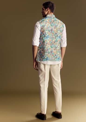 White Linen Jacket Kurta Set With Multicolor Kantha Detailing.