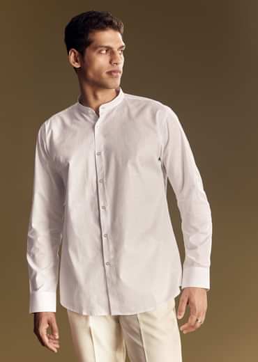 White Linen Jacket Kurta Set With Multicolor Kantha Detailing.