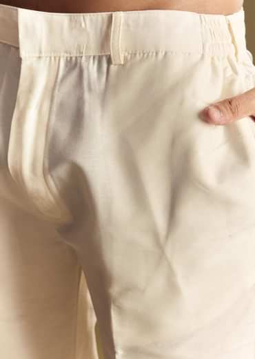 White Linen Jacket Kurta Set With Multicolor Kantha Detailing.