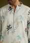 White Linen Zipper Kurta Set With Abstract Leaf Motifs