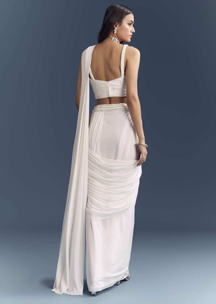 White Lycra Ready Pleated Saree With Intricate Hand Embroidery