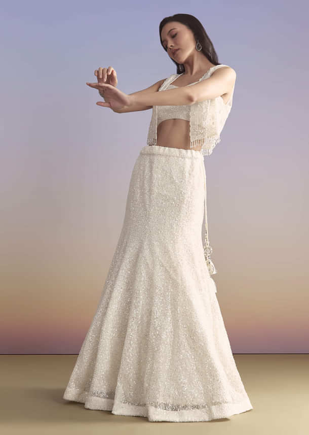 White Net Bridesmaid Lehenga With Sequins Work And Embellished Jacket
