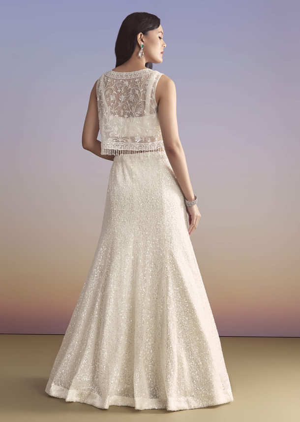 White Net Bridesmaid Lehenga With Sequins Work And Embellished Jacket