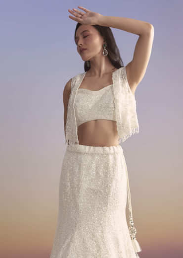 White Net Bridesmaid Lehenga With Sequins Work And Embellished Jacket