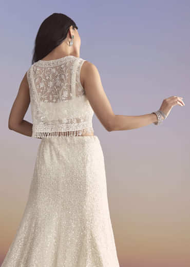 White Net Bridesmaid Lehenga With Sequins Work And Embellished Jacket