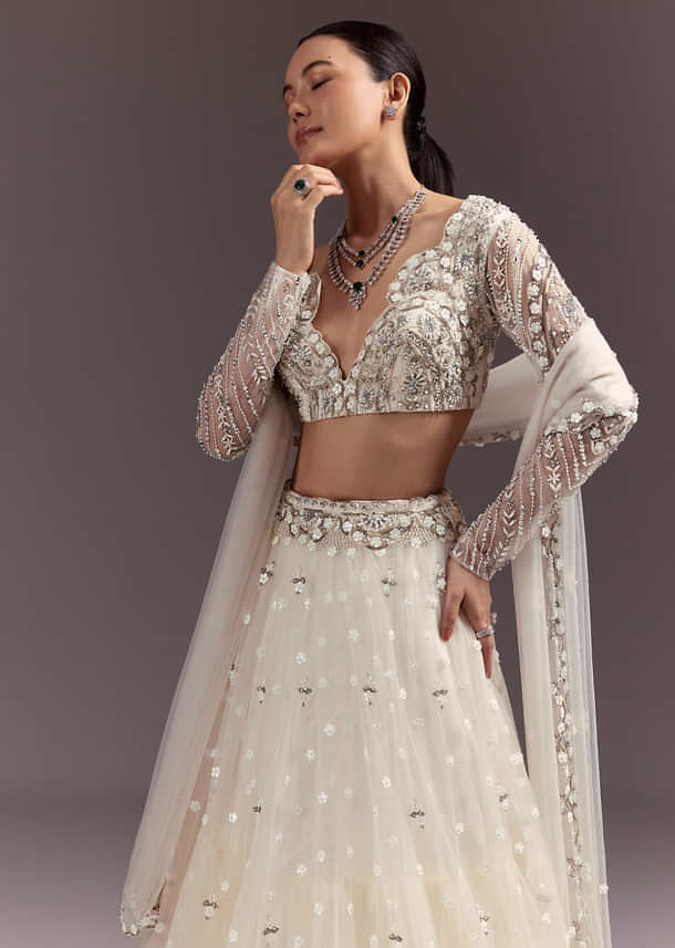 White Net Lehenga Set With Embellished Blouse And Dupatta