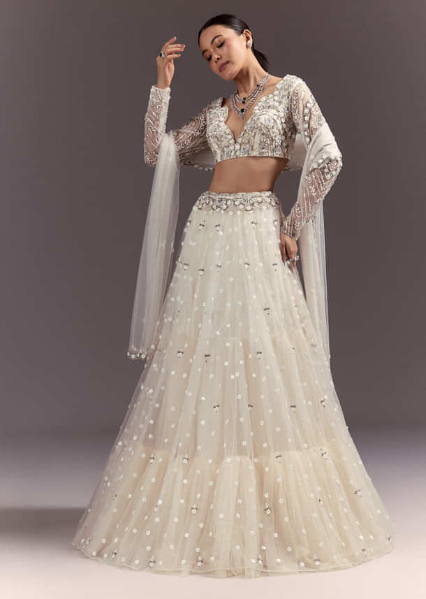 White Net Lehenga Set With Embellished Blouse And Dupatta