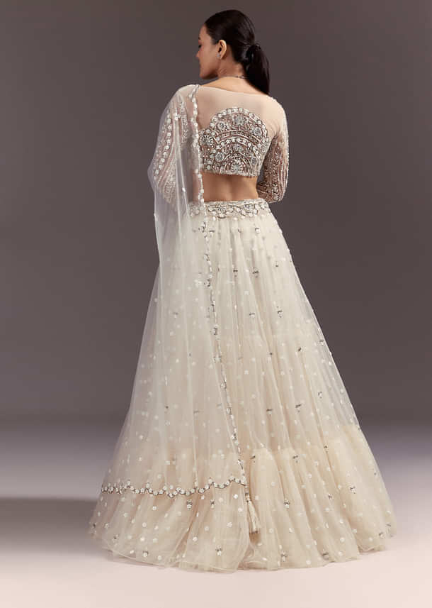 White Net Lehenga Set With Embellished Blouse And Dupatta