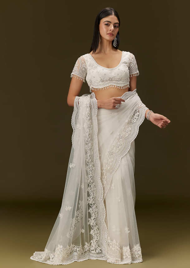 White Net Saree With All Over Embroidery