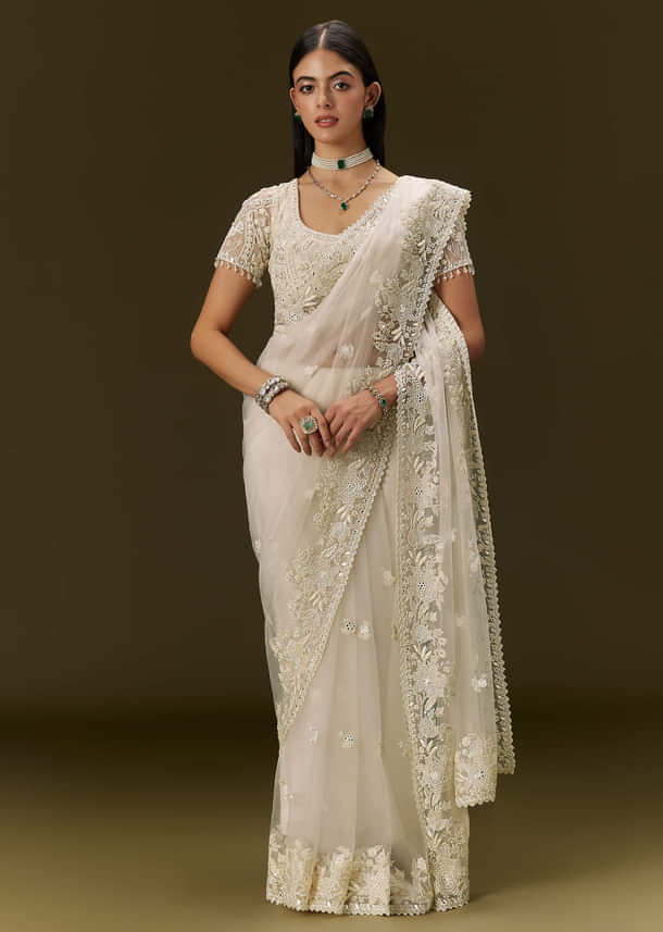White Net Saree With All Over Heavy Embroidery