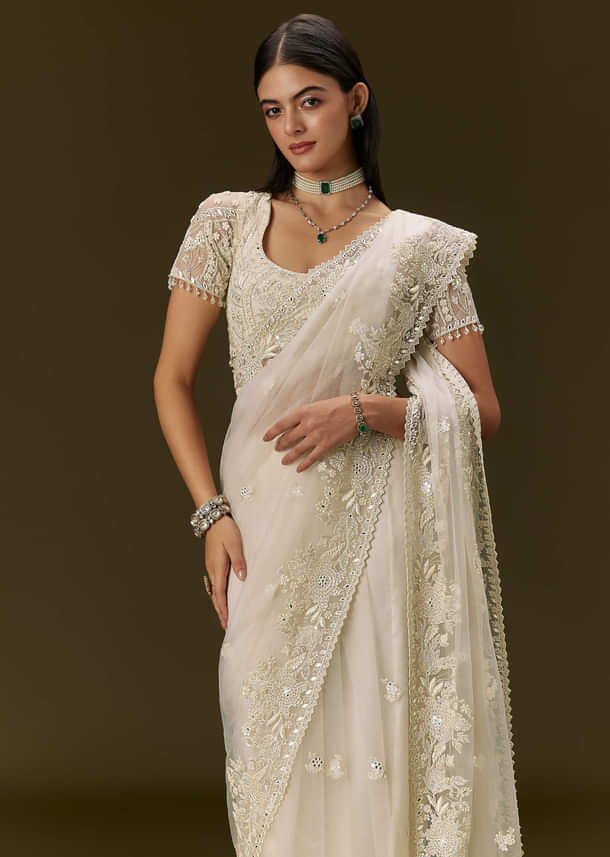 White Net Saree With All Over Heavy Embroidery