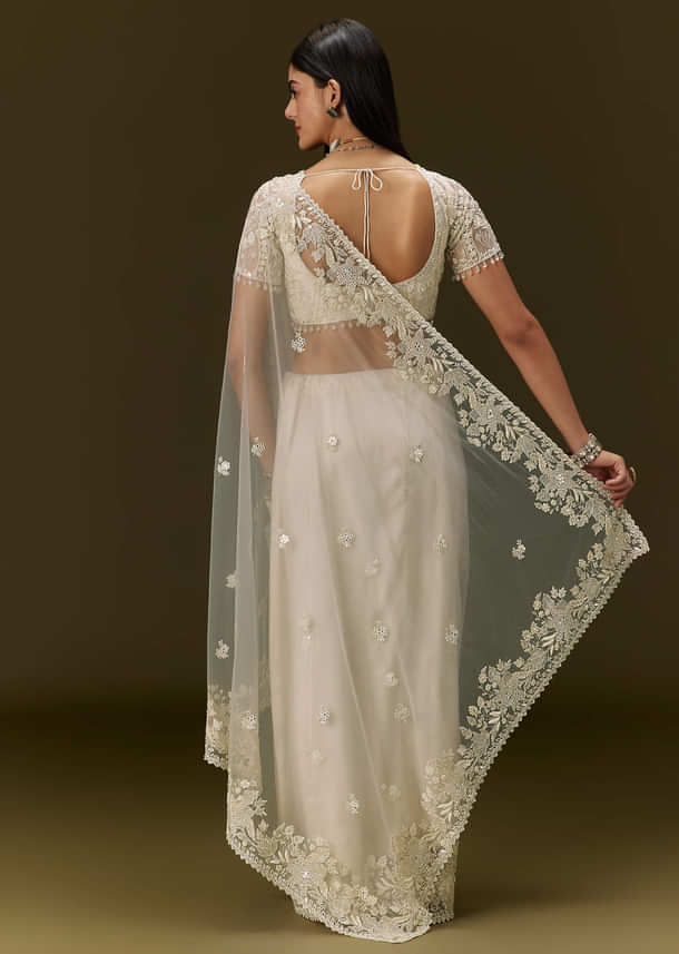 White Net Saree With All Over Heavy Embroidery