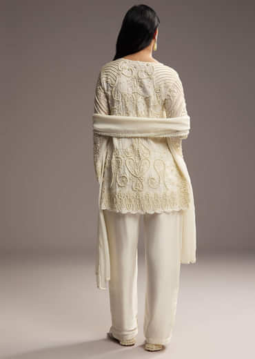 White Organza Kurta Set With Moti Work
