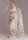 White Organza Printed Saree With Bead Embroidery