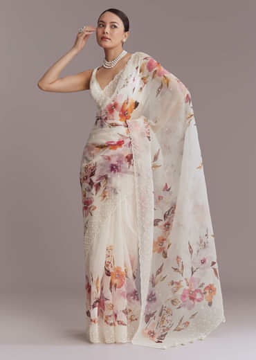 White Organza Printed Saree With Bead Embroidery