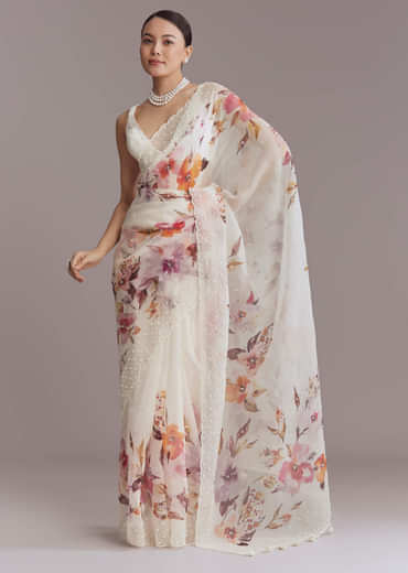White Organza Printed Saree With Bead Embroidery
