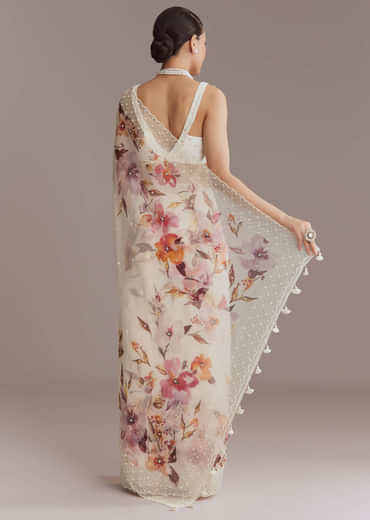 White Organza Printed Saree With Bead Embroidery
